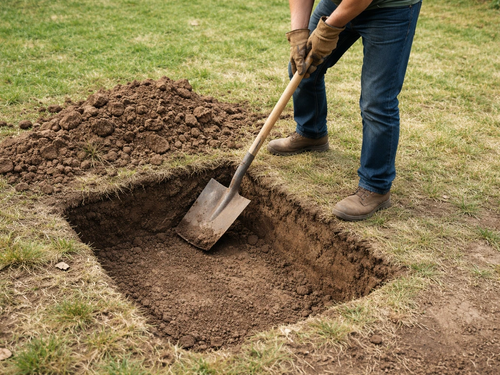 Spade steekt de rand van een gegraven kuil los; dode grasresten en aarde rond de kuil, in tuin.