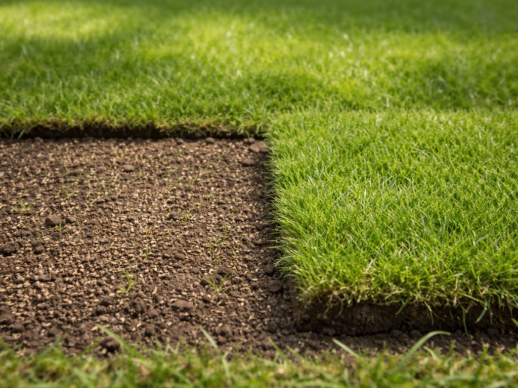 Links ingezaaid graszaad en rechts een ingelegde grasmat, strak naast elkaar op een herstelde plek.