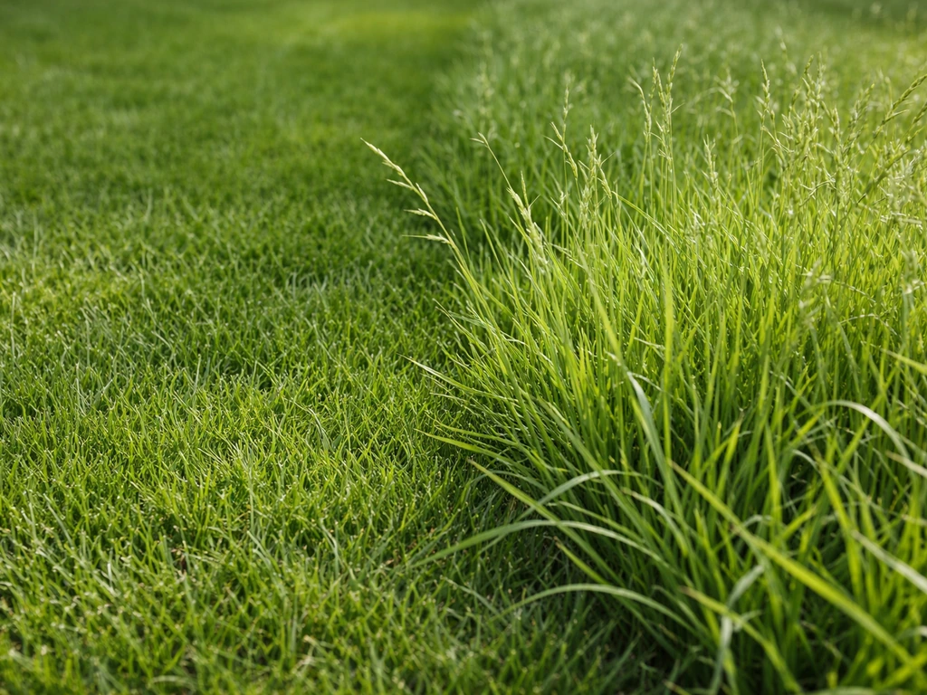 Close-up van een gazon waar gezond gras duidelijk contrasteert met een ‘priem’-achtige groeier in dezelfde scène.