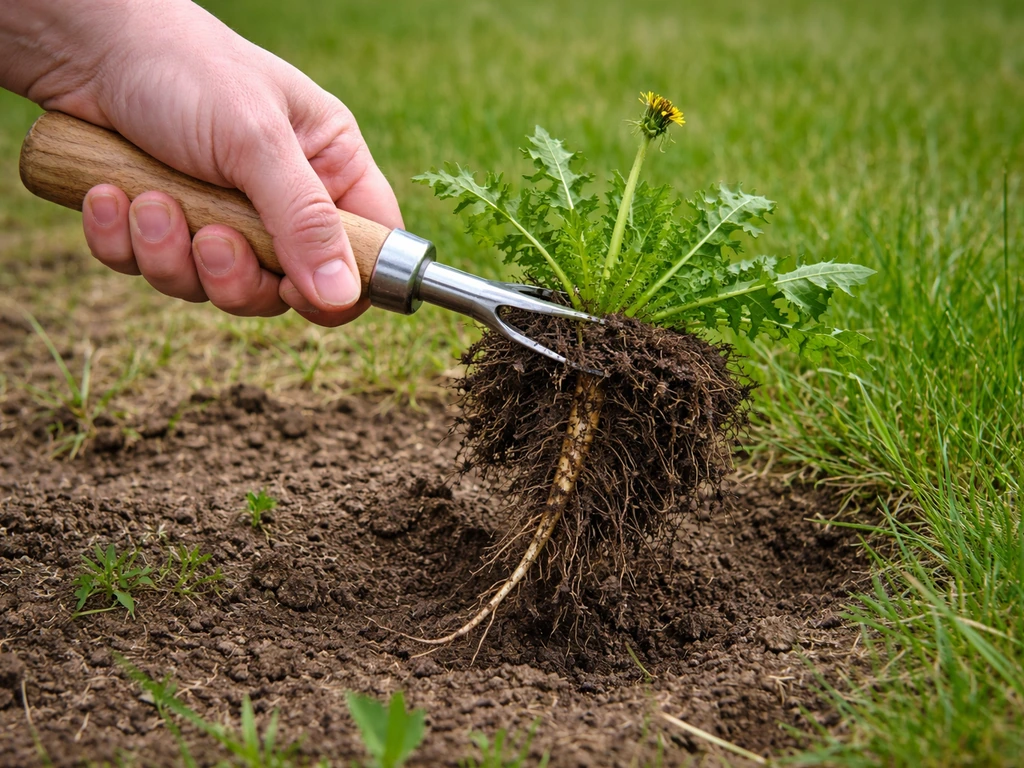 Hand trekt onkruidpol uit de grond met wortels zichtbaar, gazon ernaast intact in natuurlijk daglicht.