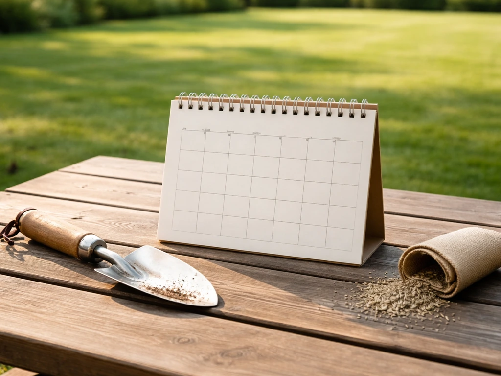 Minimalistische foto van een gazon met een schepje en een handschrijf-achtige kalender als sfeer, zonder leesbare tekst.