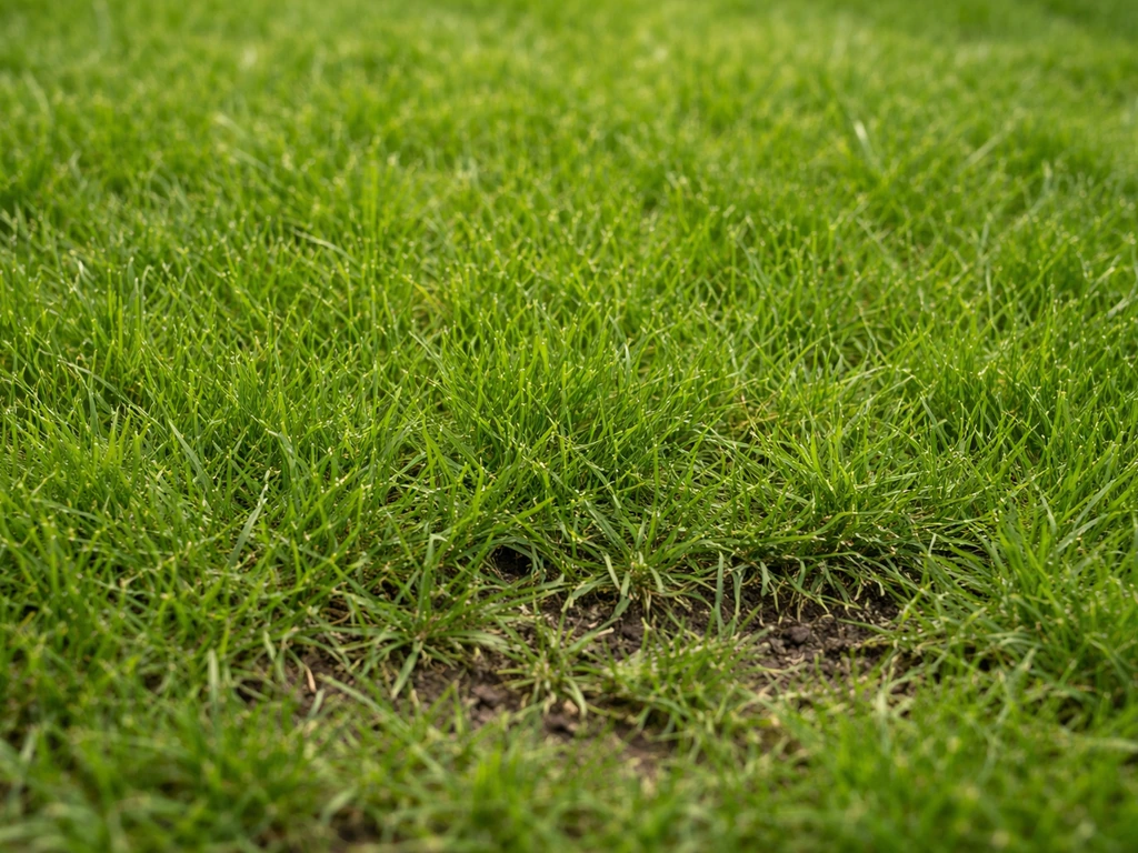 Close-up van een gezonde, egale grasmat met zichtbare bodem tussen de grassprieten.