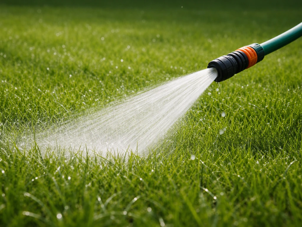 Tuinslang met sproeier geeft een gerichte waterstraal op een gazon; nat gras en bladeren, zomerse sfeer.