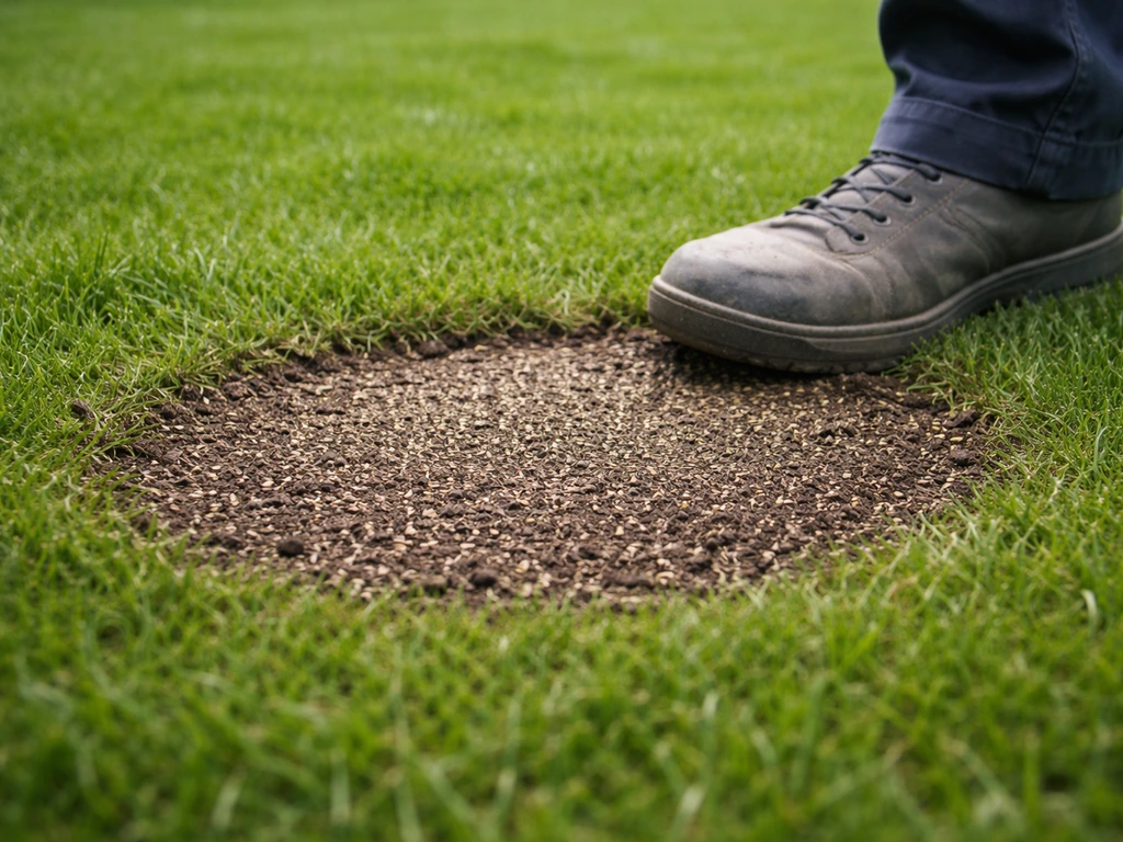 Kale plek in een gazon die is omgewoeld en ingezaaid, met nieuw graszaad/grondmengsel licht aangedrukt.