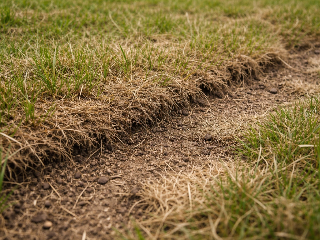 Close-up van een oud gazon met zichtbare viltlaag en kale/afstervende plekjes.