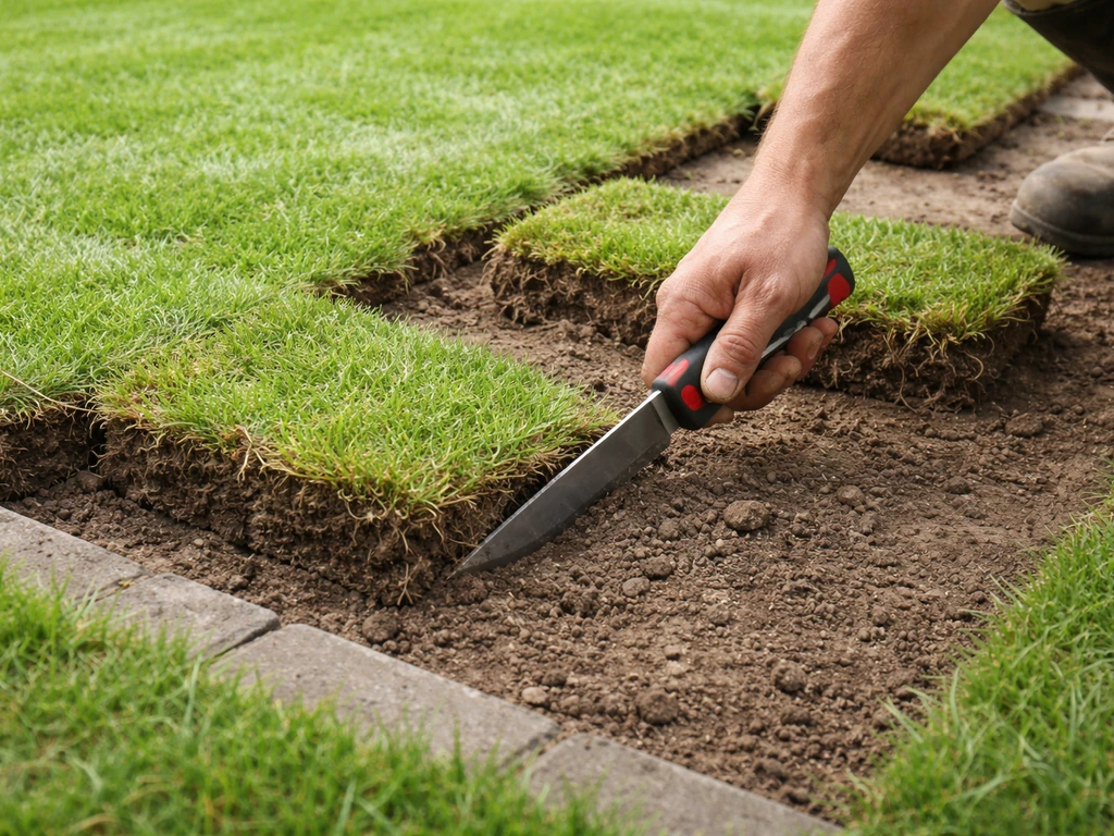 Grasmat verwijderen: grasmatstekker steekt oude graszoden los, met zichtbaar patroon van aarde eronder.