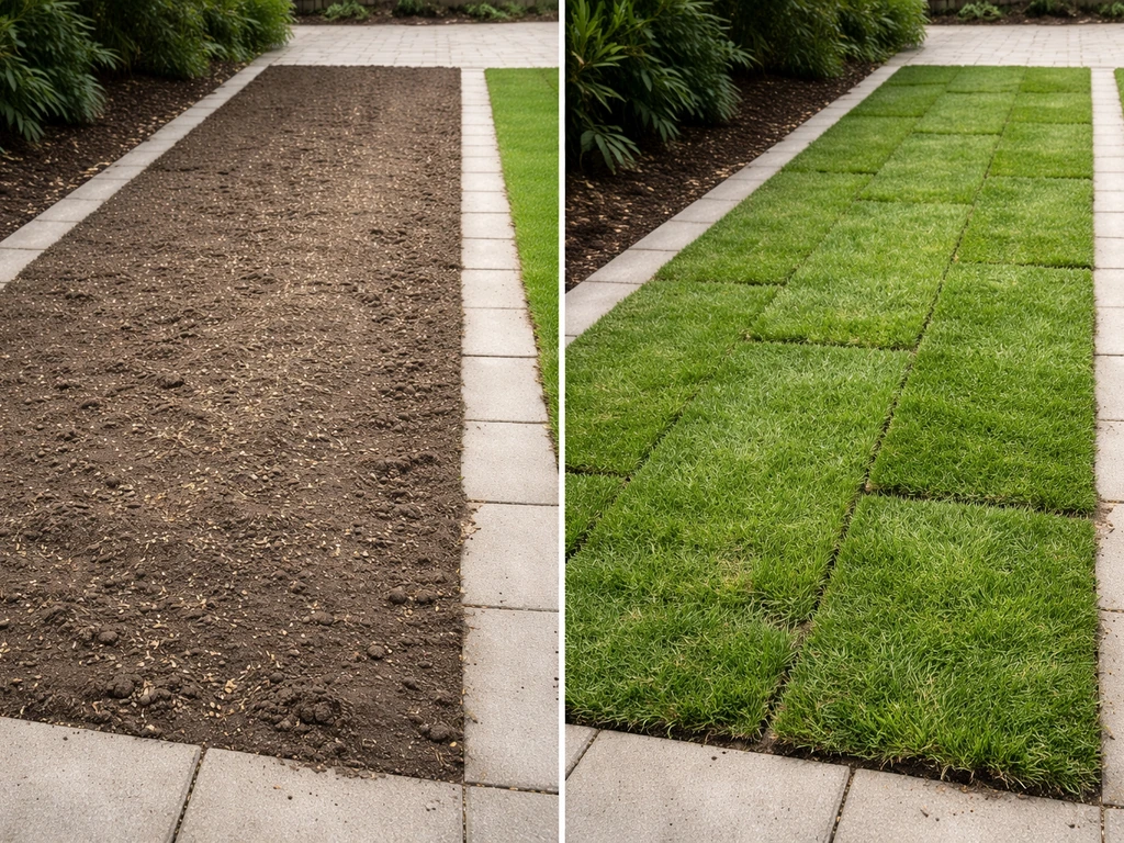 Twee stroken tuin: links ingezaaid gras, rechts vers gelegde graszoden, in natuurlijk daglicht.
