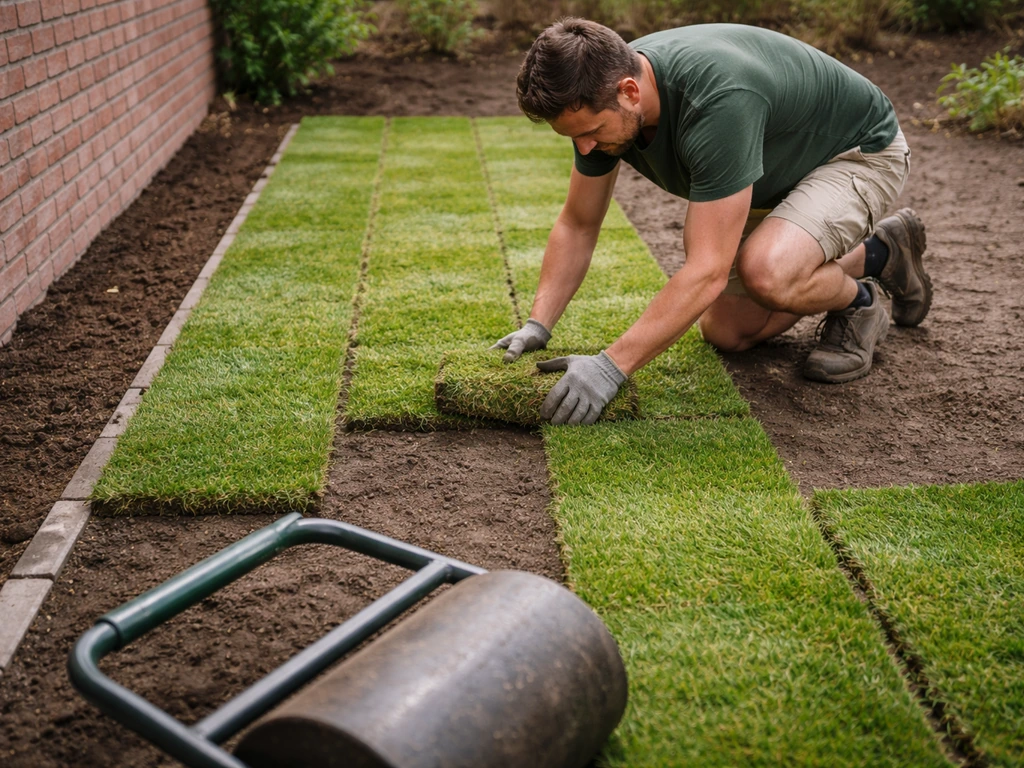 Tuinman legt graszoden langs een rechte tuinmuurrand, rij voor rij, met aanroller klaar.