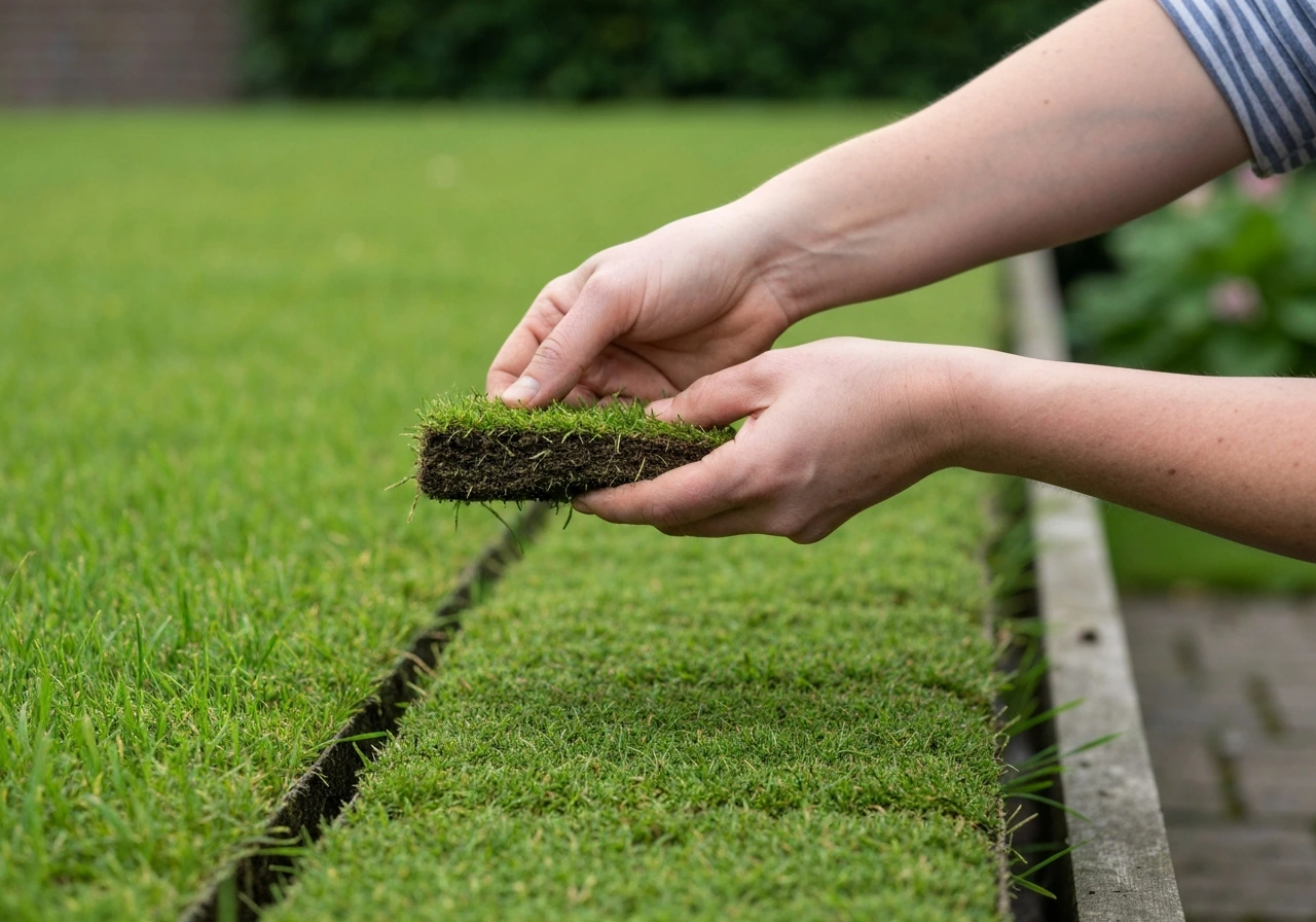 Tuinier tilt met de hand een pluk gras op in een gazon om de viltlaag en beworteling te beoordelen