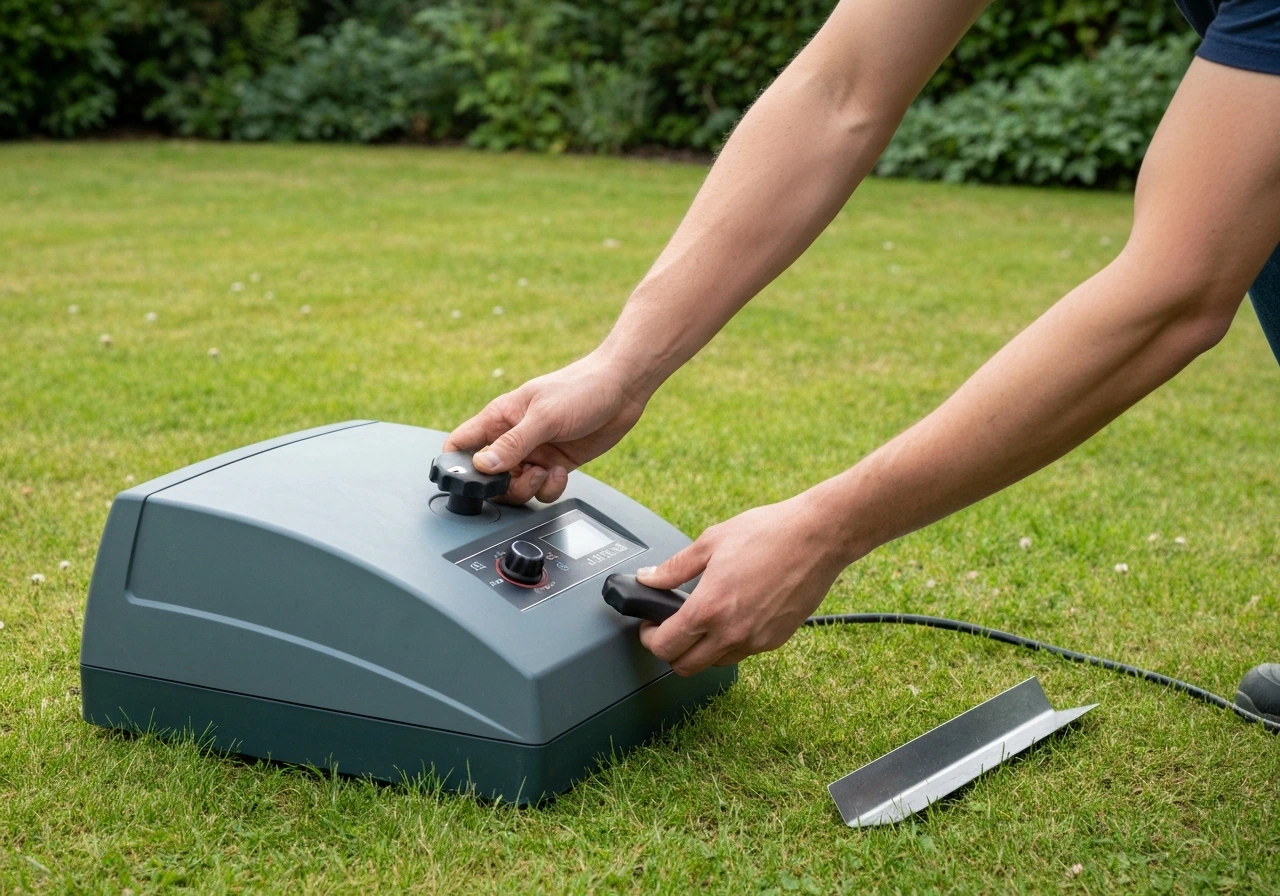 Handen stellen de werkdiepte van een verticuteermachine in op een net aangelegd gazon.