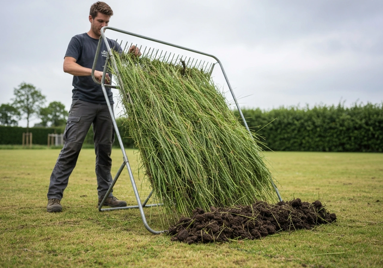 Tuinier harkt direct na het verticuteren losgekomen vilt en dode grasresten op een gazon.