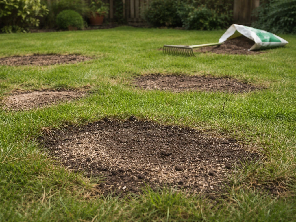 Herstellend Nederlands gazon met kale plekken en omgewoelde stroken, tuinhark en zaad/topdressing op de achtergrond.