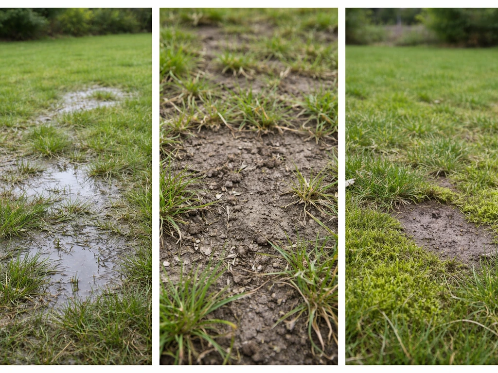 Drie tuinbeelden: waterplassen in nat gras, harde verdichte bodem, en mos op open plekken.