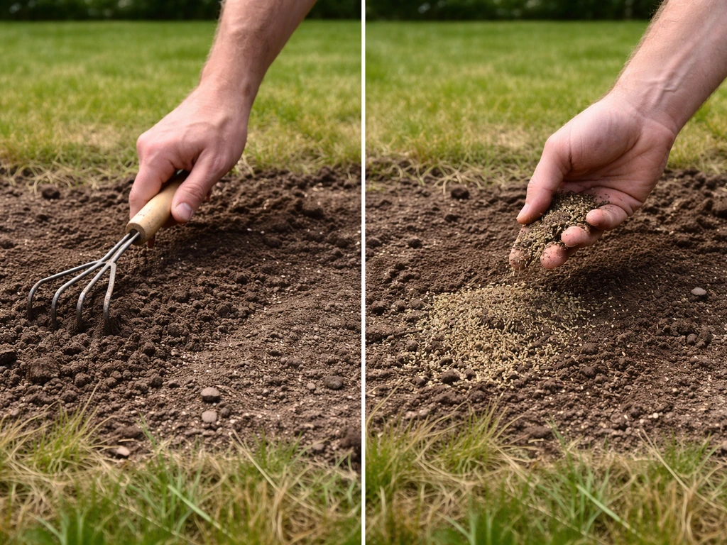 Hand krast een kale tuinbodem licht open en bedekt het ingezaaide graszaad egaal met een dun laagje aarde.