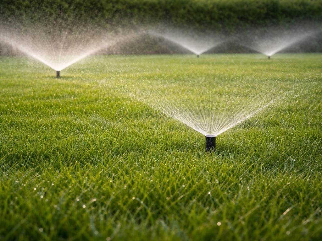 Automatische sproeiers geven gelijkmatig water op een gazon, met zichtbare druppels op het gras.