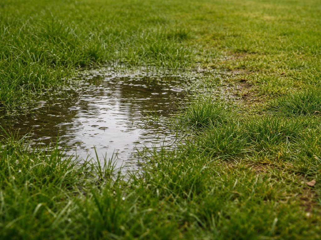 Natte grasmat met zichtbare plas na regen, met daarnaast een droger wordende zone in het gazon