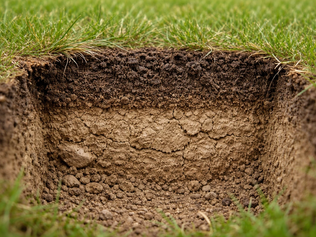 Close-up van een opengewerkte wortelzone in gazon met donkere slappe laag boven harde klei.