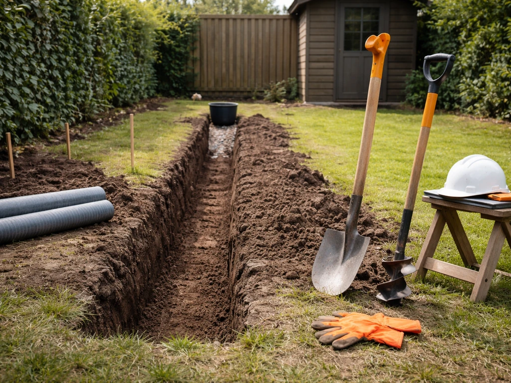 Tuinschep bij een gegraven drainage-sleuf in de tuin, met drainagebuizen en grind richting afvoerpunt.