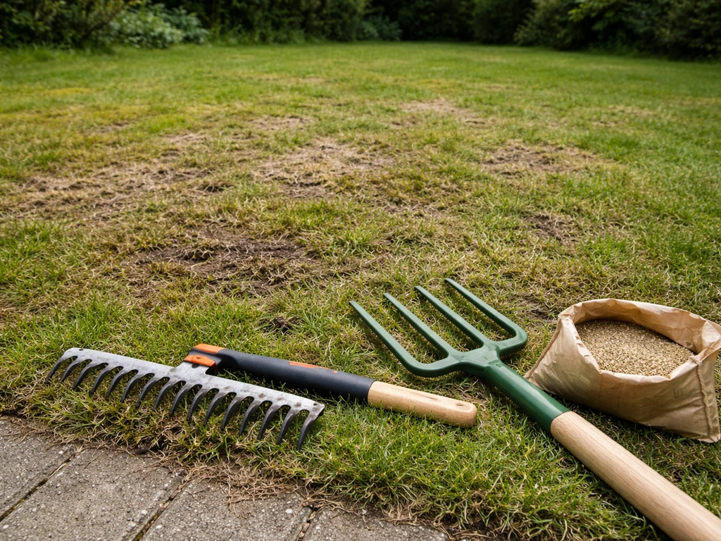 Beskadigd gazon met mos en kale plekken, met verticuteerhark, beluchtingsprikvork en graszaad op de grond.