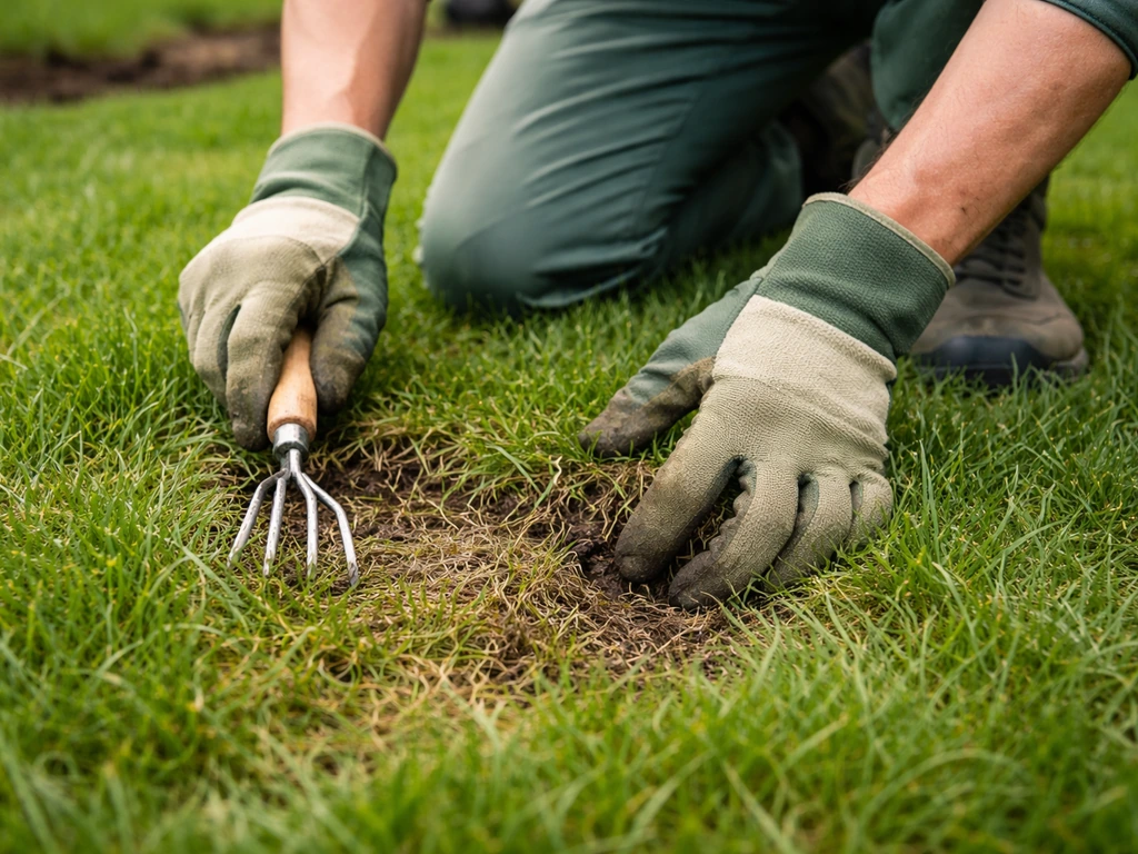 Tuinier knielt in het gazon en inspecteert vilt/mos en kale plekken met handhark en handschoenen.