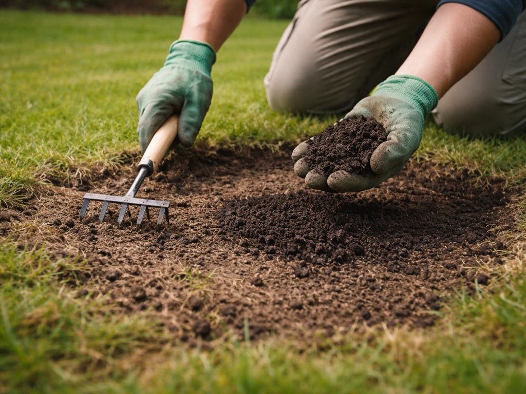 Tuinman schraapt dood gras weg bij een kale plek en brengt verse teelaarde aan voor doorzaaien.