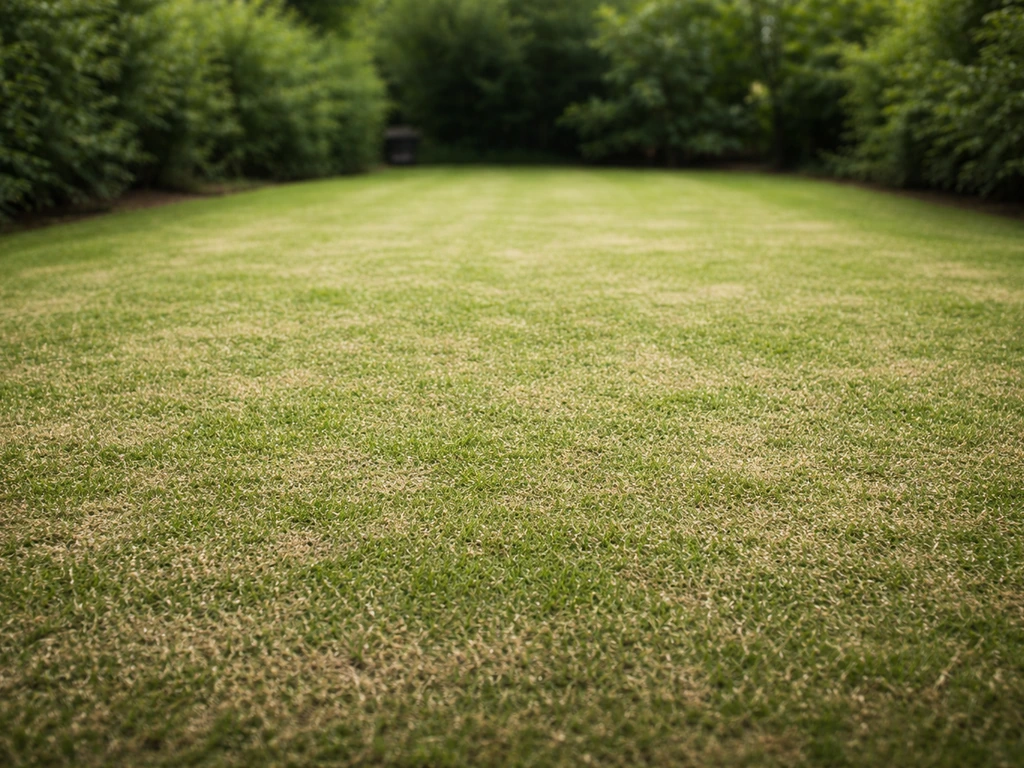 Gelijkmatig geëgaliseerd gazon met vlakke afwerking en net ingewerkte graszaad-/deklaag, in natuurlijk daglicht.