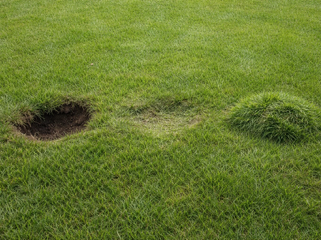 Close-up van een gazon met een kuil, ingedeukte plek en bult—duidelijk verschil in hoogte.
