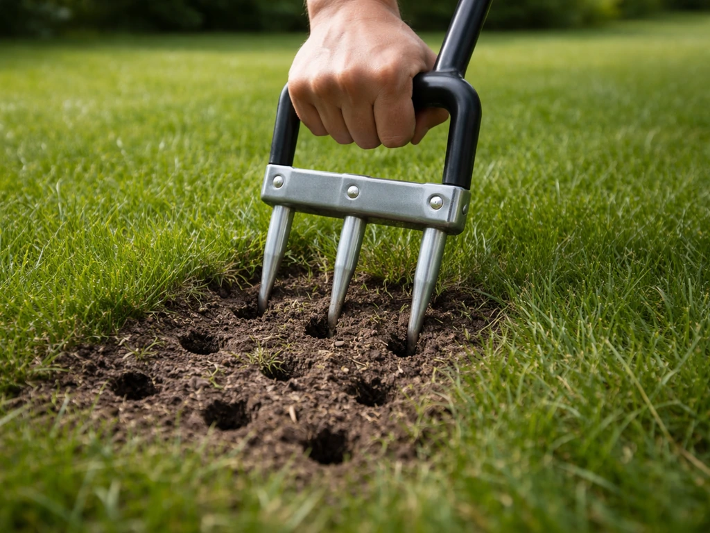 Tuinier die met een beluchtingsapparaat gaten in de gazonbodem prikt, zodat lucht en water kunnen doordringen.