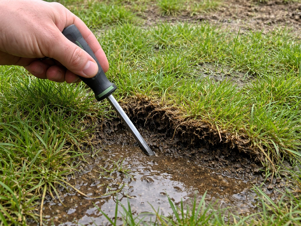 Hand prikt een schroevendraaier in een nat gazon; viltlaag en verdichting zichtbaar, met sponsachtig gras.