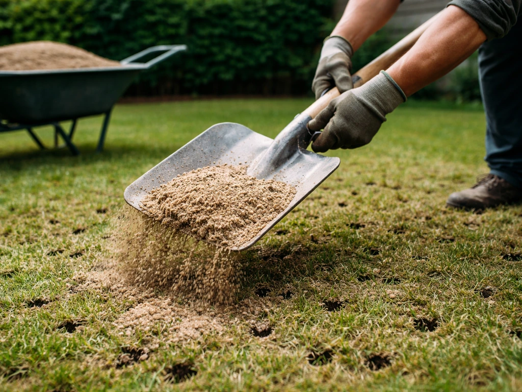 Tuinier schept topdressing over een belucht gazon zodat de gaten worden gevuld