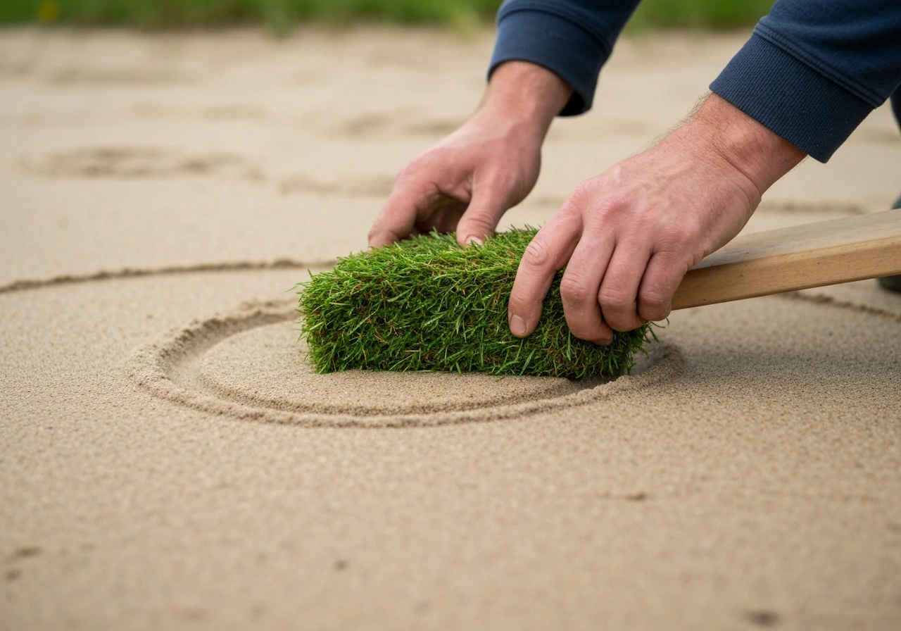 Tuinman zaait gras opnieuw met een doorzaaizaaier op kale plekken na egaliseren, met licht aangedrukte grond.