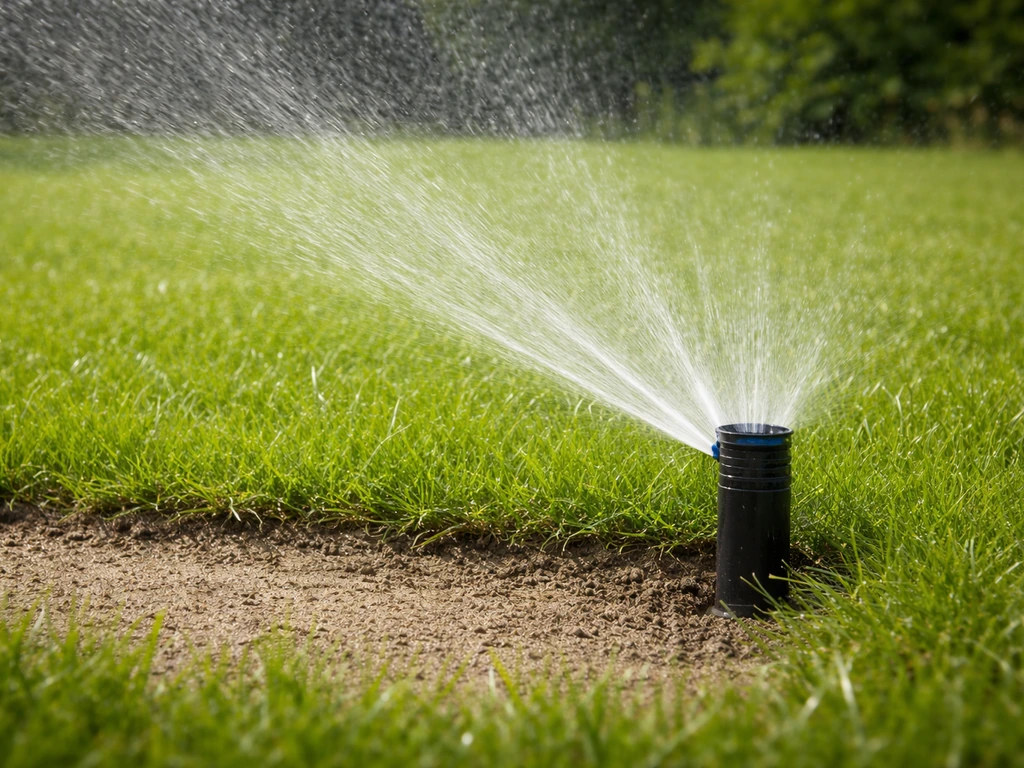 Tuinsproeier geeft gelijkmatig een fijne nevel water na het egaliseren; het zand is vochtig zonder plassen