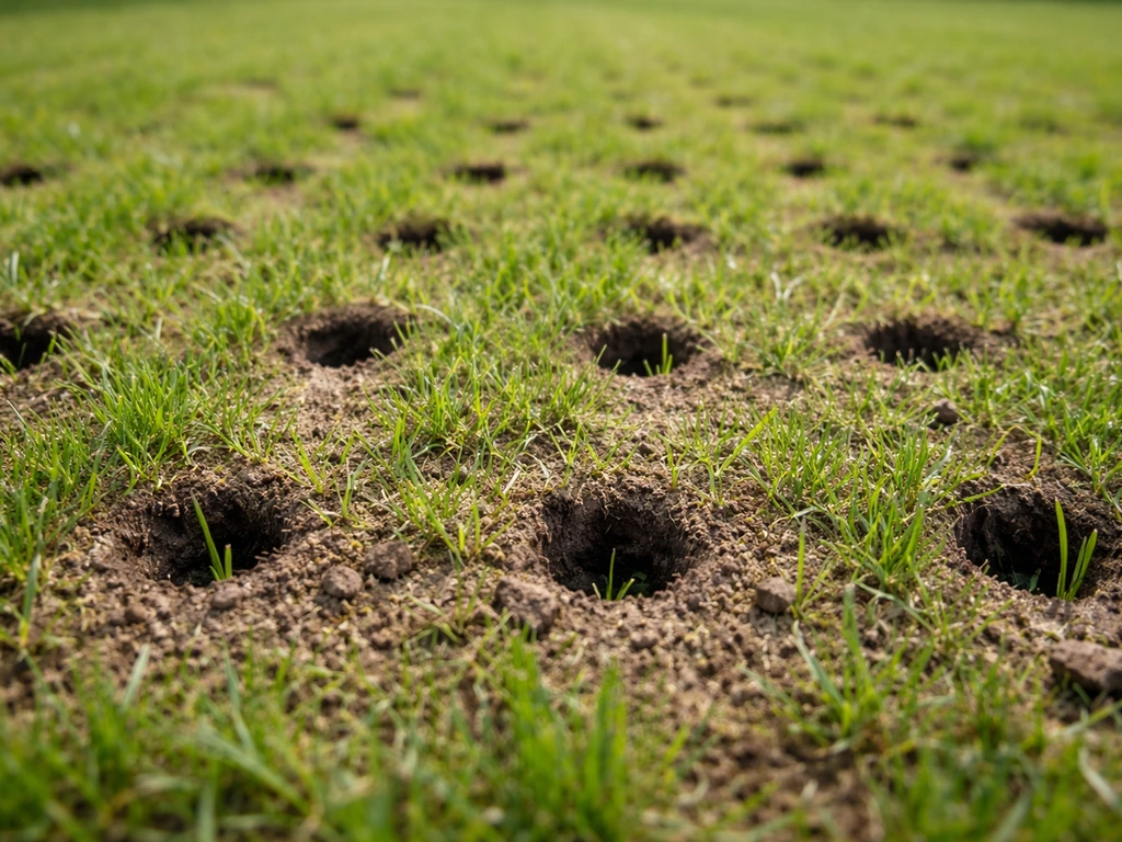 Herstellend gazon met zichtbare beluchtingsgaten en vers gras dat weer uit de openingen komt.