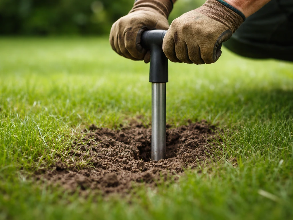 Close-up van een gazonprikker die in licht vochtige klei van een gazon wordt gedrukt, met groen gras eromheen.