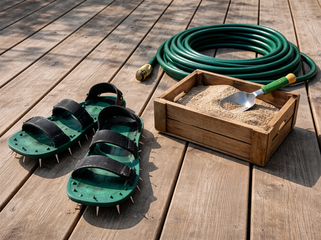 Beluchtingssandalen, schep en tuinmateriaal klaar op een houten terrasvloer voor gazononderhoud.
