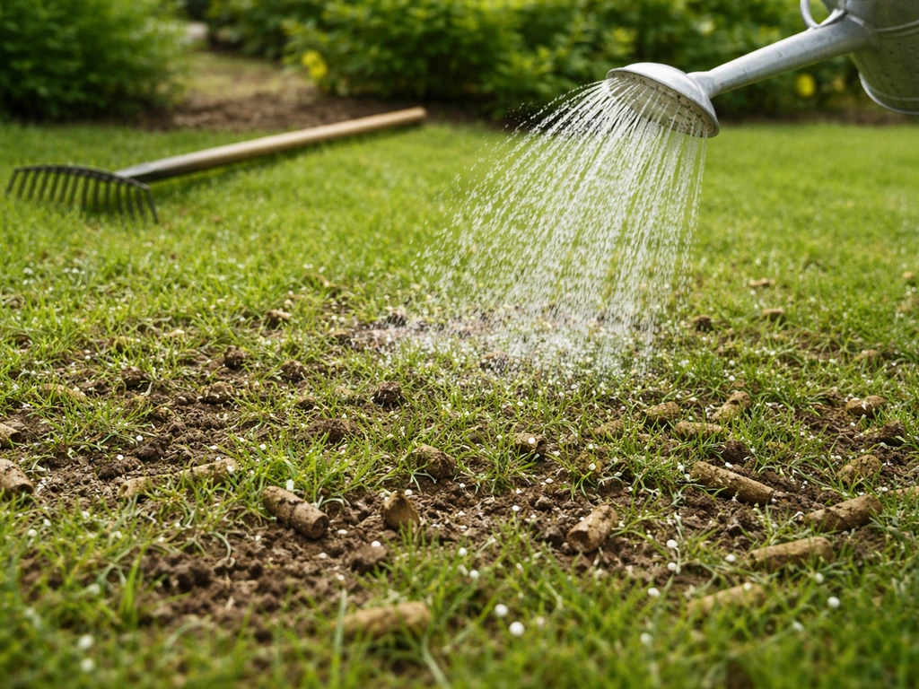 Losgeharkte beluchte grasmat met open plugjes, mestkorrels en een gieter met waterdruppels op de grond.