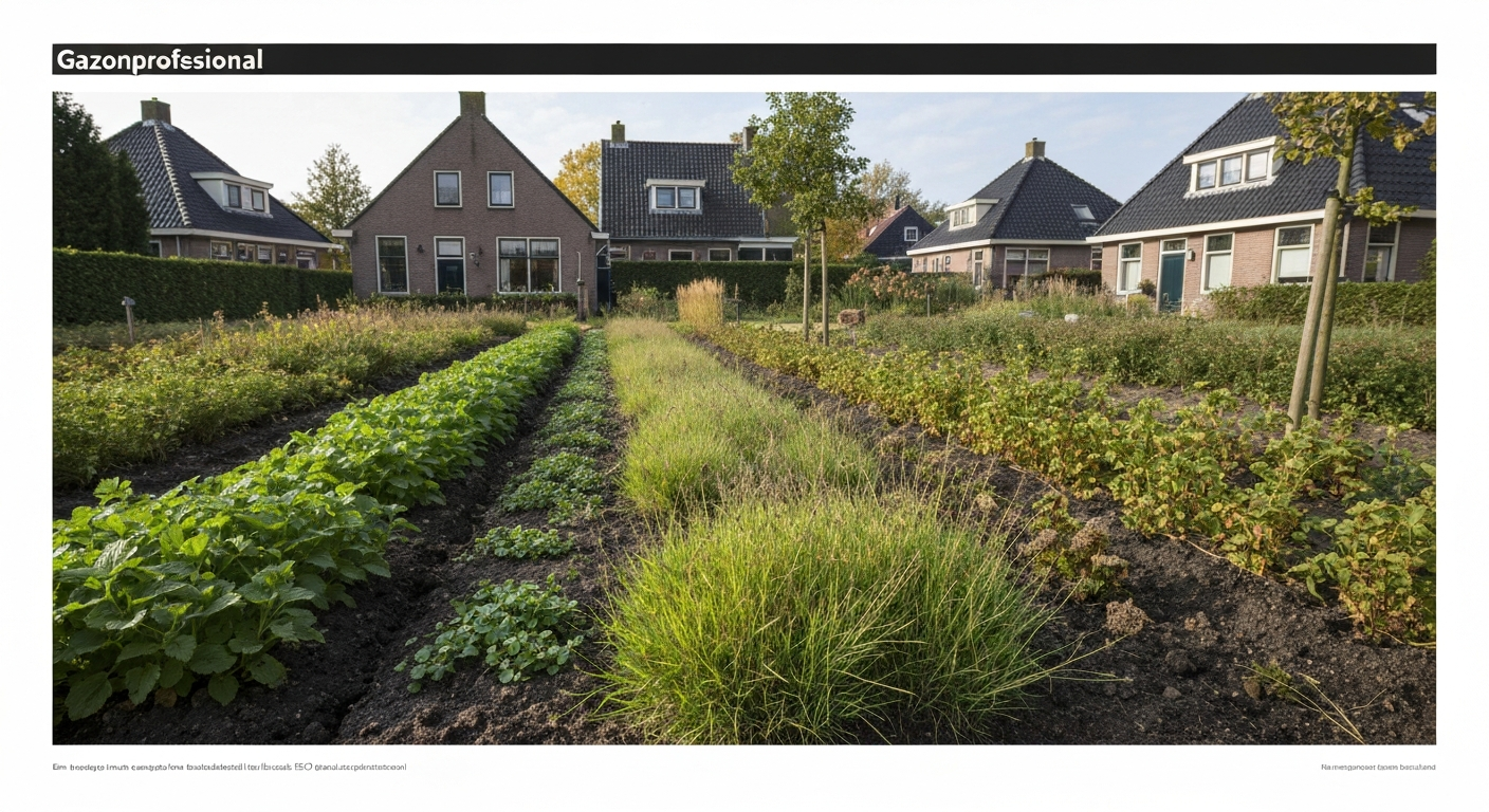 Pas ingezaaid gazon met jonge kiemplantjes in een Nederlandse achtertuin