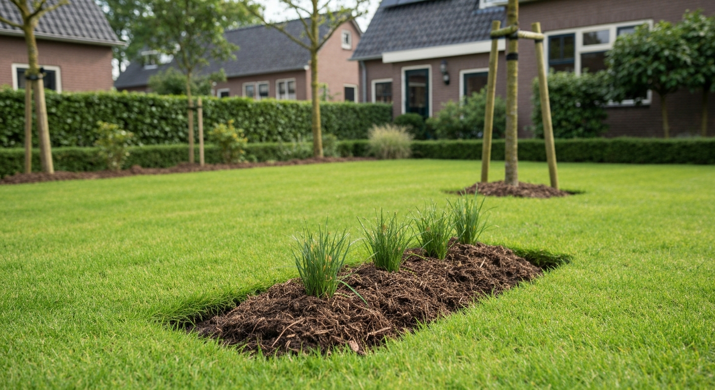 Gezond Nederlands gazon met fijn mulchmaaisel dat onzichtbaar tussen de grassprieten ligt, vooraanzicht in een typische achtertuin.