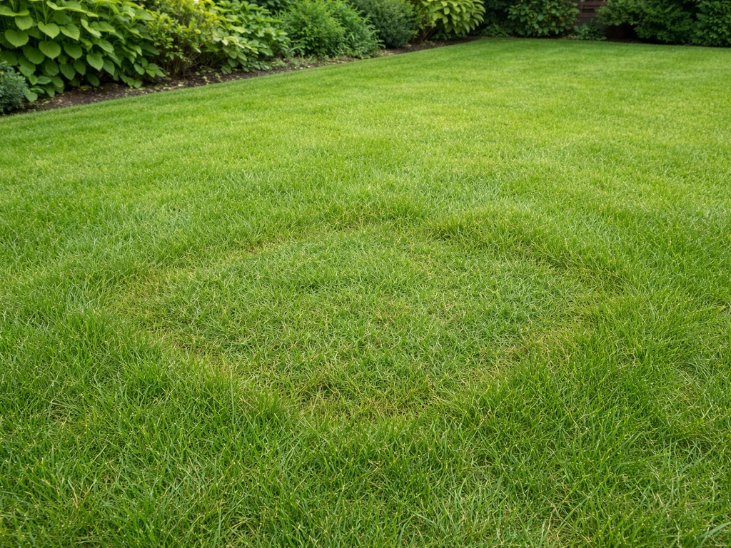 Bovenaanzicht van een bijna onzichtbare herstelde gazonplek met gelijkliggend, nieuw gras.