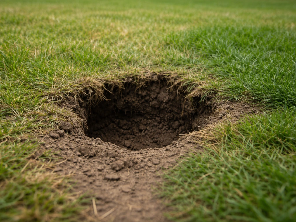 Close-up van een kuil in het gazon met zichtbare randen en samengedrukt gras rondom.