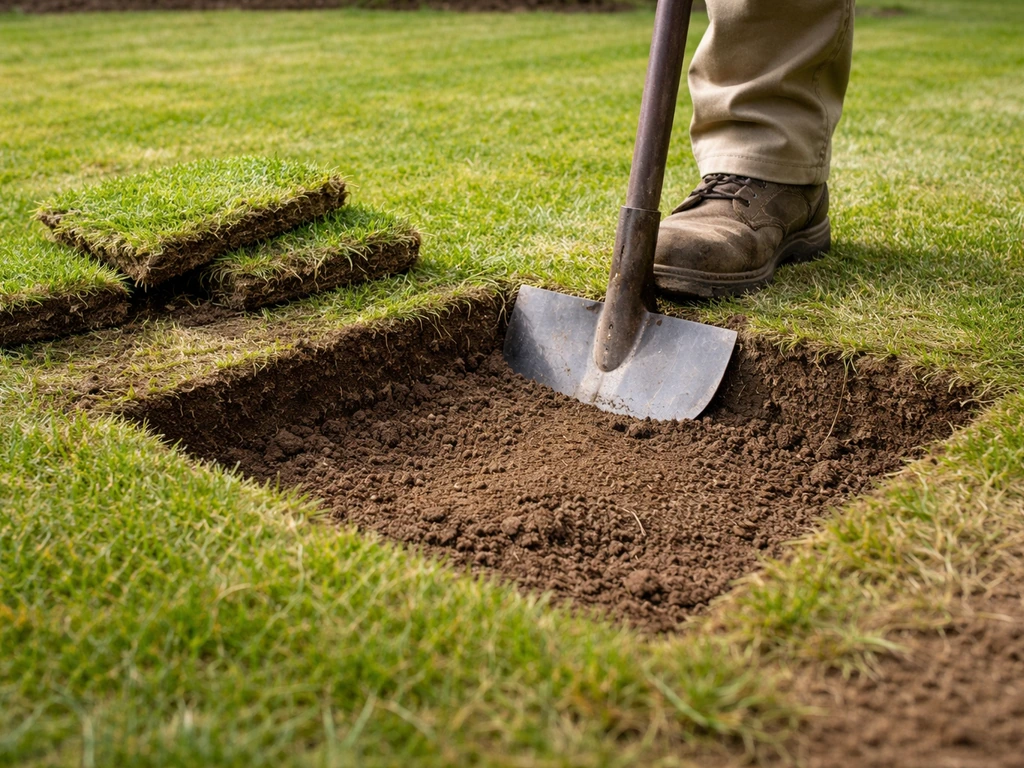 Handschep en spade snijden nette randen terwijl los gras rond een uitgegraven kuil wordt verwijderd