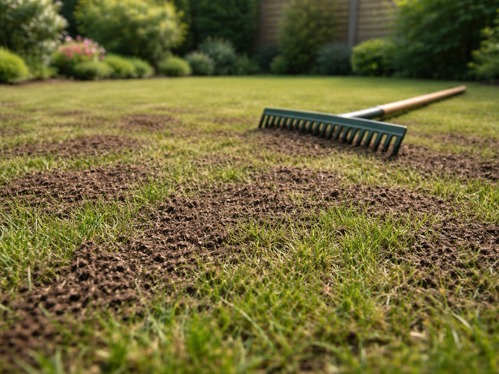 Gazon met dunne potgrond-topdressinglaag, met hark/bezem in de buurt voor topdressing en herstel.