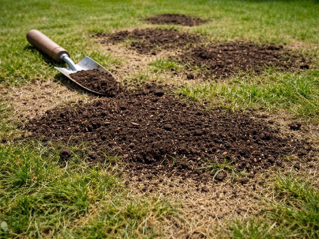 Gazon met kale plekken waar dunne potgrond als topdressing wordt aangebracht voor doorzaaien