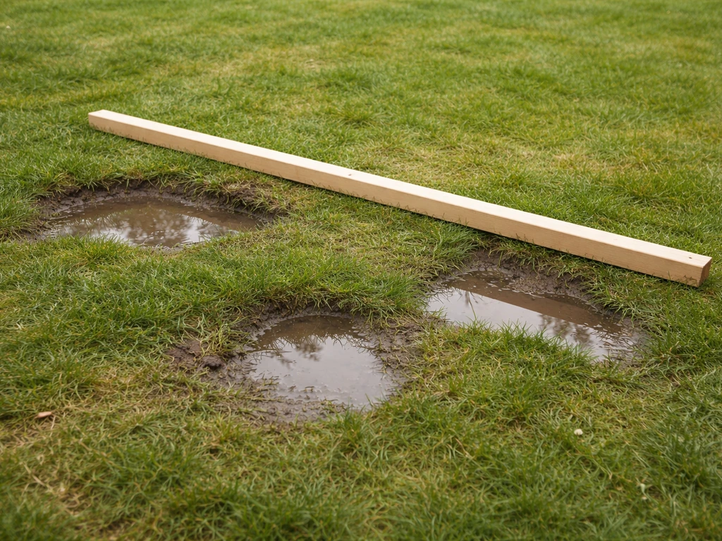 Lange houten lat op een nat gazon om kuilen en bulten/hoogteverschillen te meten.