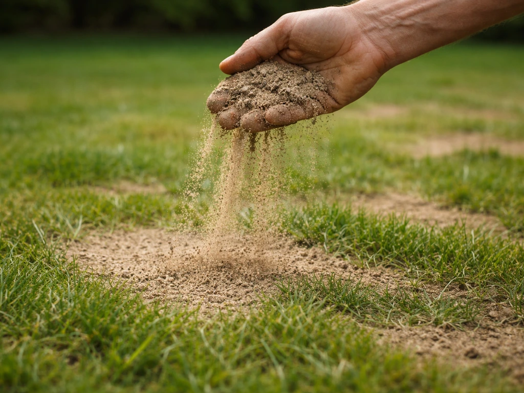 Close-up van fijn zand/topdressing die gelijkmatig over lichte oneffenheden in het gras wordt uitgestrooid.