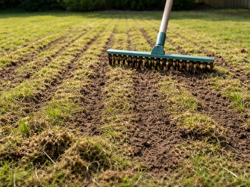 Verticuteerhark in een gazon met zichtbare opengekraste viltlaag en blootliggende bodem vóór inzaaien.