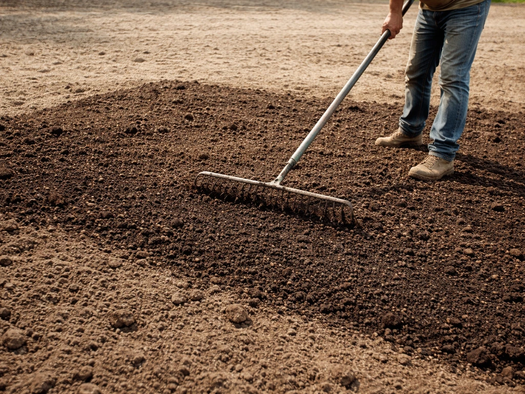 Tuinhark die een dunne laag rijpe compost/topdressing egaal uitsmeert op losgemaakte aarde