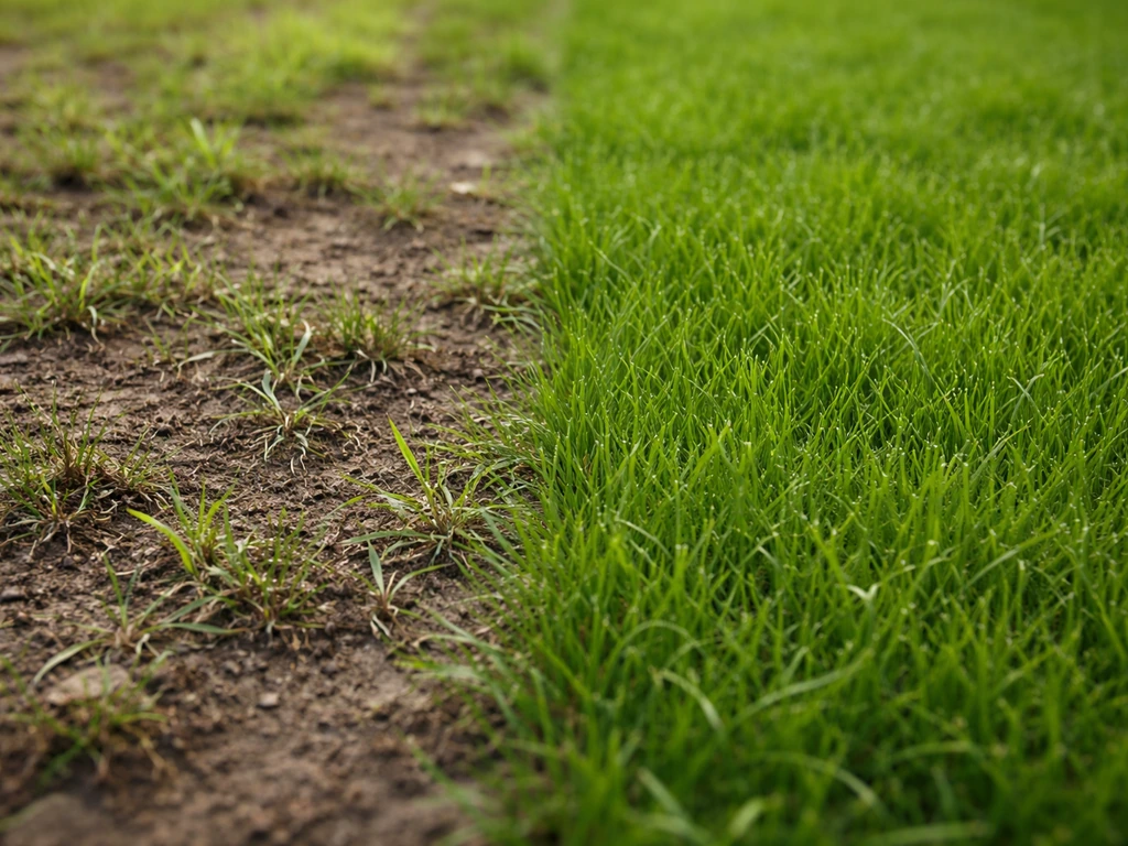 Close-up van beschadigd jong gras door te vroeg maaien naast gezond, dichtgroeiend gras.
