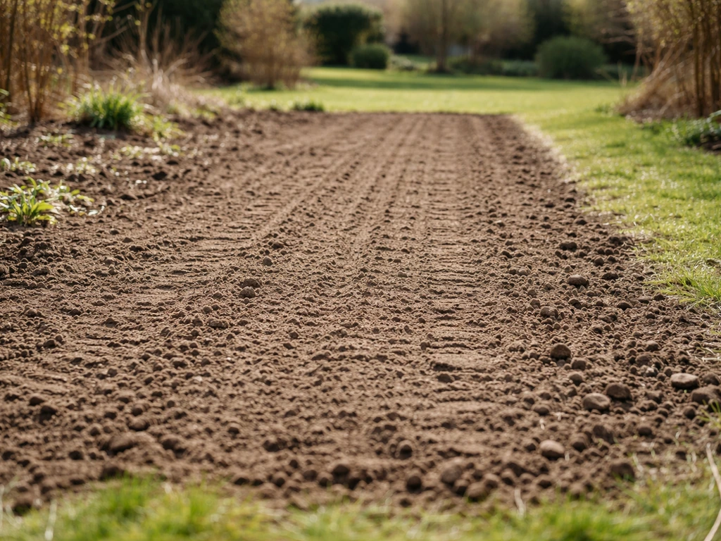 Voorjaarsbodem in een tuin: losgemaakte, kruimelige aarde klaar om bloemenweide in te zaaien.