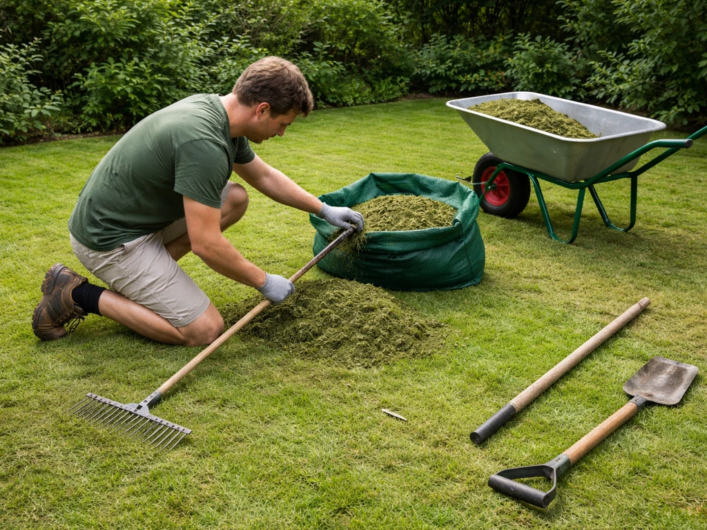 Iemand voert maaisel af en harkt het gazon schoon voor de voorbereiding, met gereedschap in de tuin.